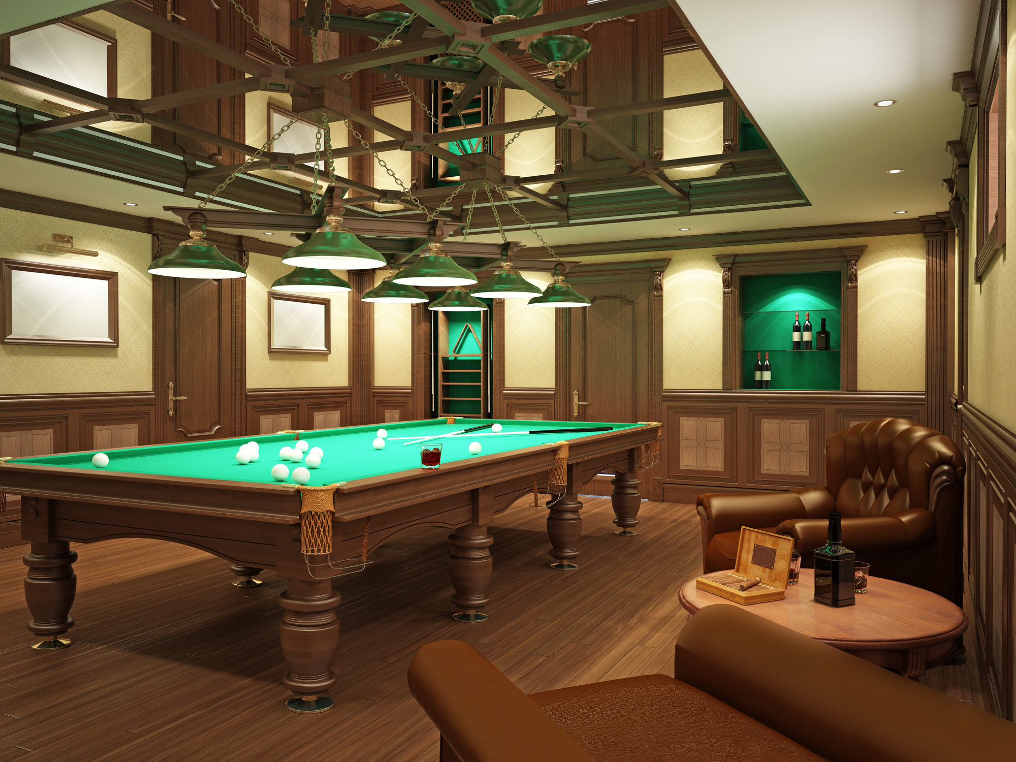 An inviting pool room featuring various pool room accessories such as cue racks and pool room lights creating the perfect atmosphere for leisure and entertainment