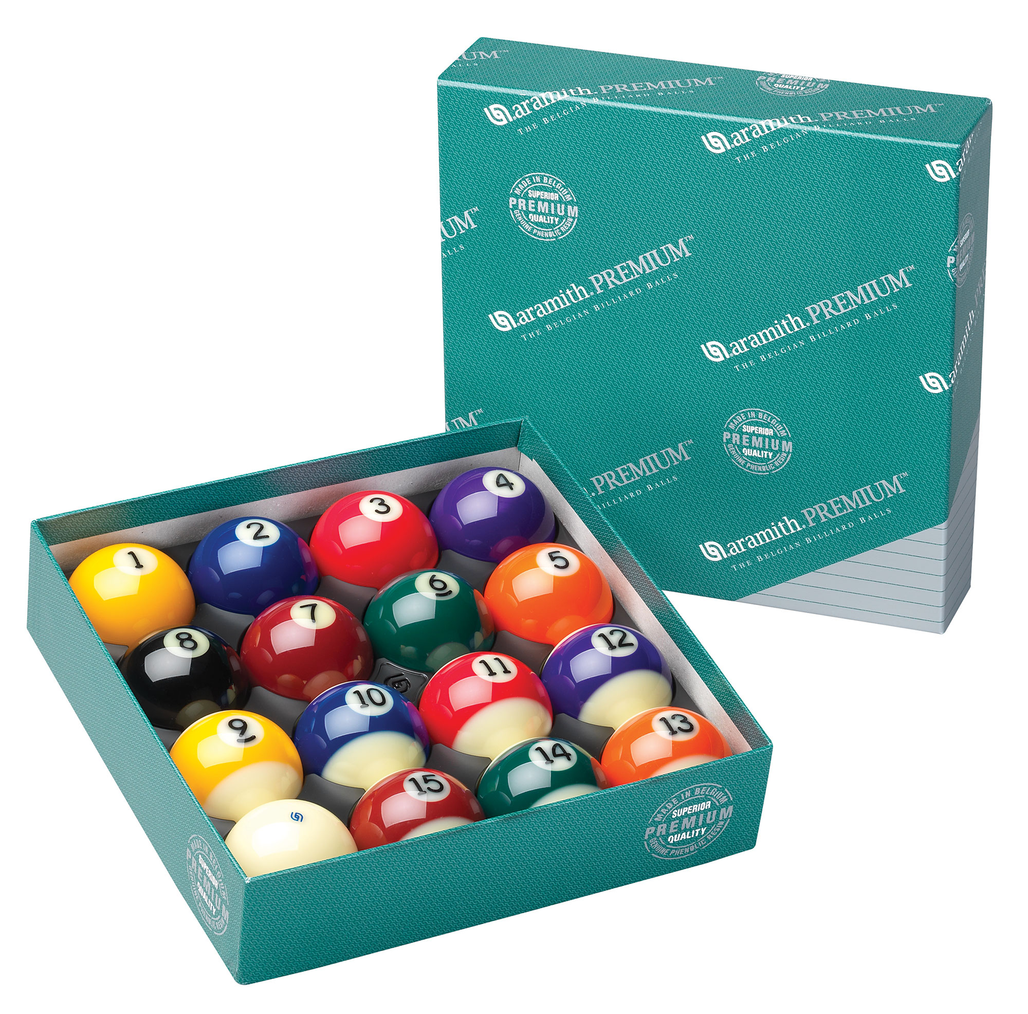 Image of a professional pool ball set neatly arranged in a box, perfect for pool player gifts